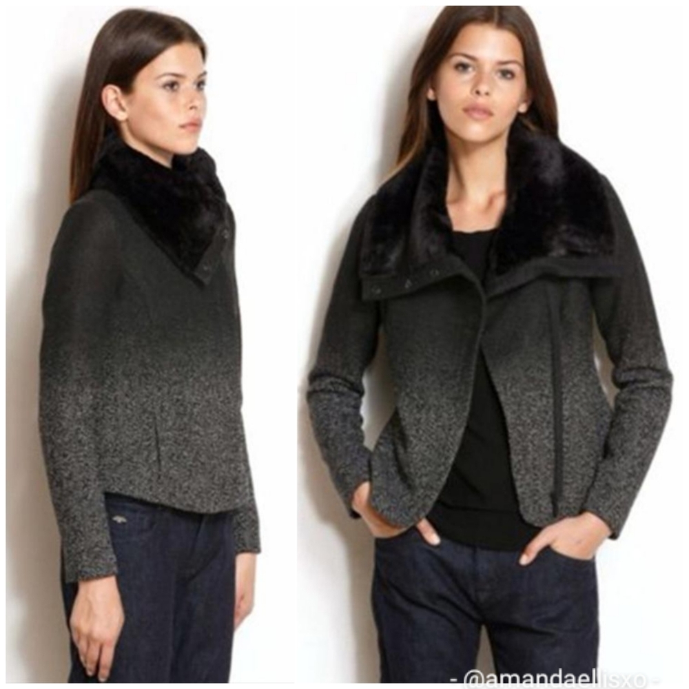 A|X Armani Exchange Black Ombre Chevron Fur Collar Herringbone Fitted Jacket